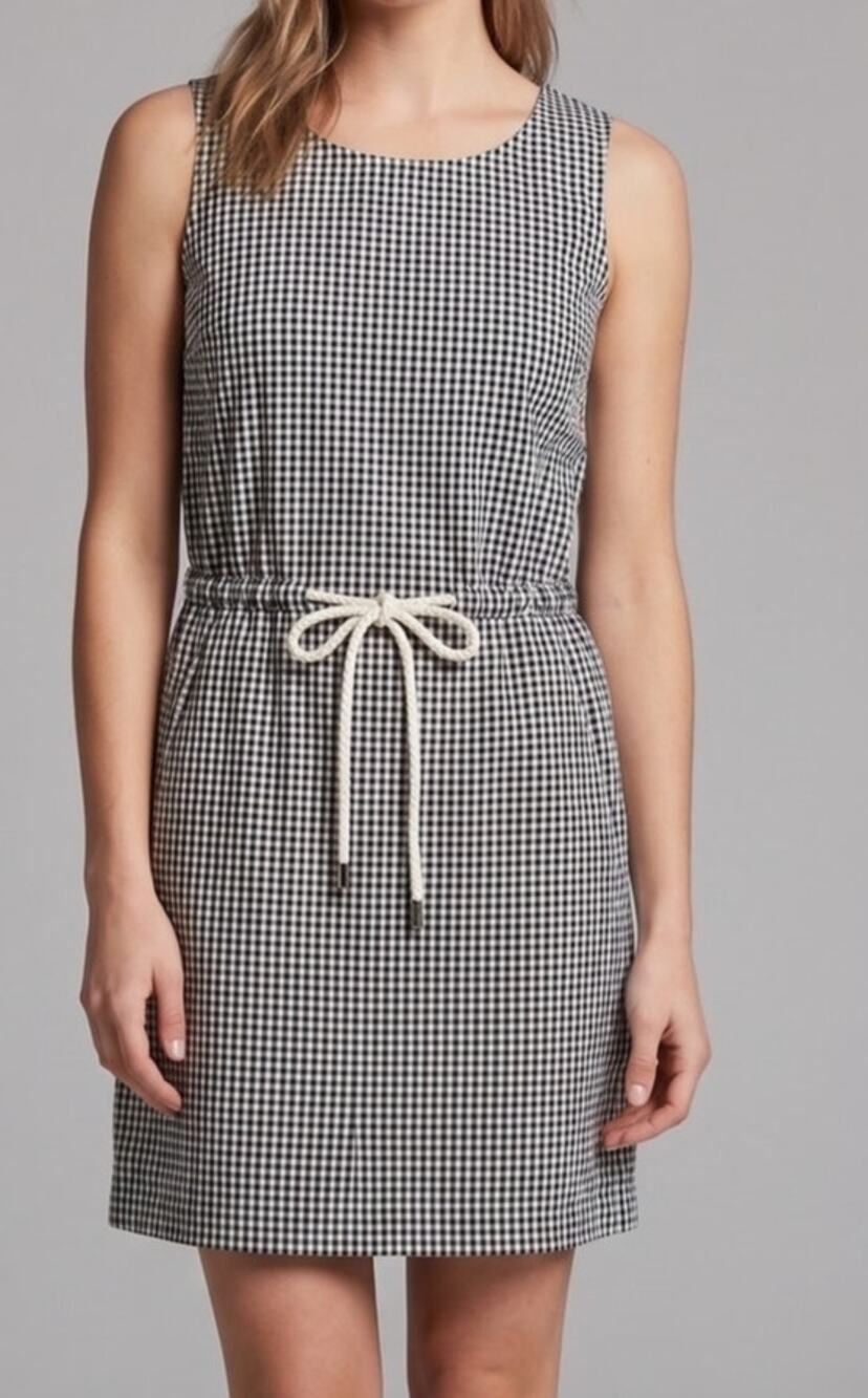 Lands' End 4 Navy Blue White Check Dress Gingham Sleeveless Drawstring Waist